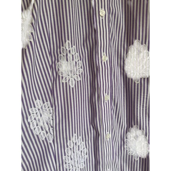 Talbots Perfect Purple White Floral Striped Non-Iron Collared Button Front Long - Picture 11 of 12
